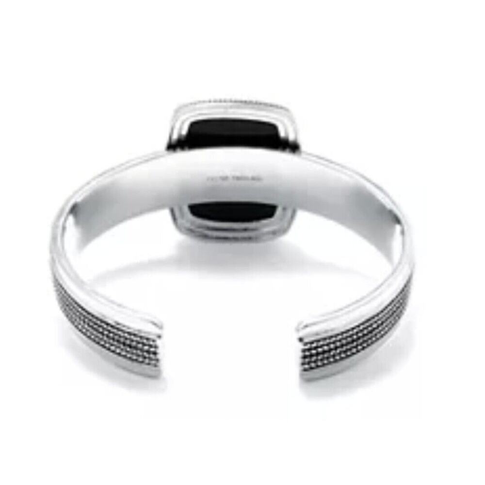 Sterling Silver, Rope-Edge, Bezel Set Black Chalcedony, Wide Cuff Bracelet 7" - Picture 2 of 11